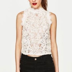 Zara Lace White High Neck Sleeveless Top XS